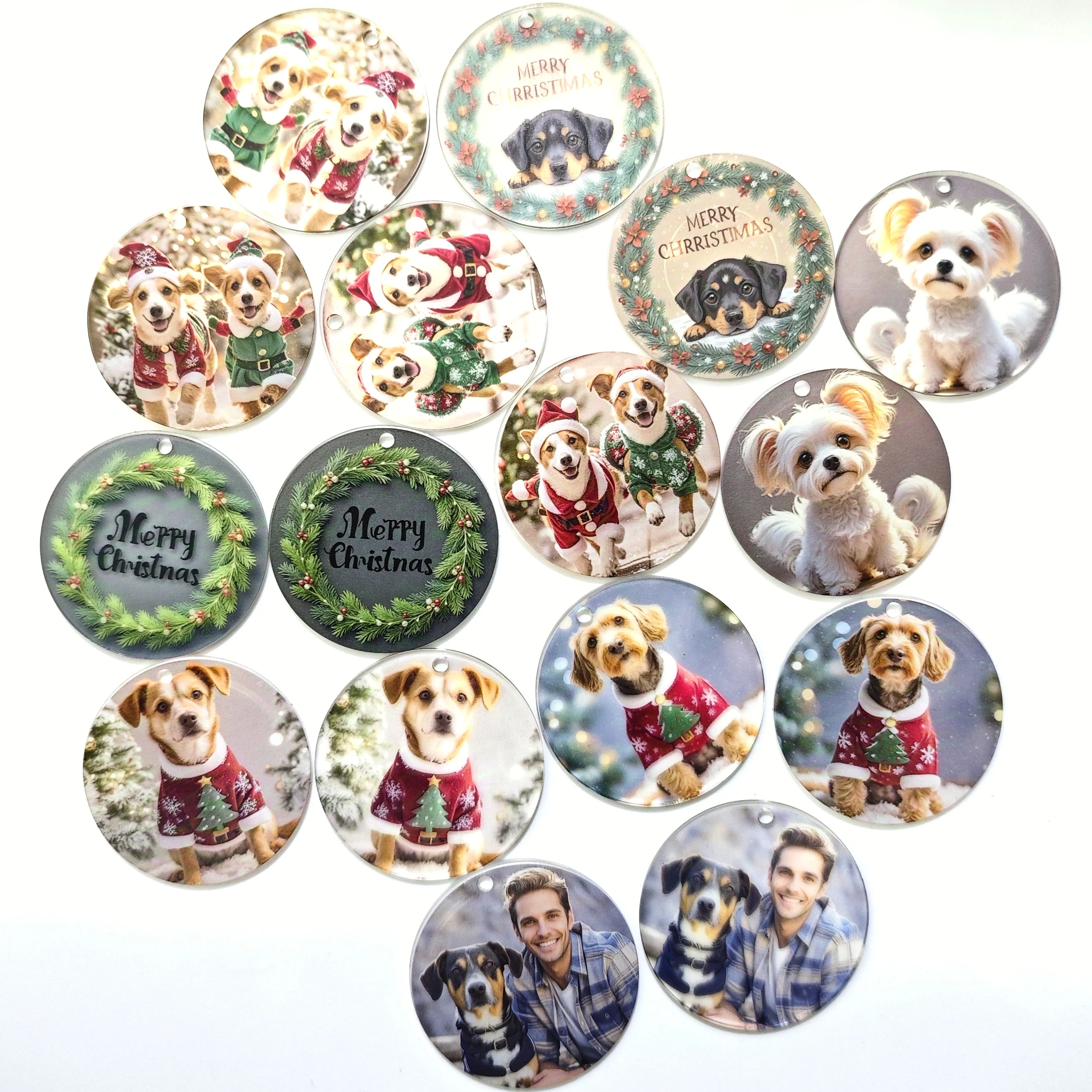 2PCS Transparent Acrylic Pet Collar Photo Tag Customization, Pet Commemorative Tag Keychain Christmas Pattern Customization