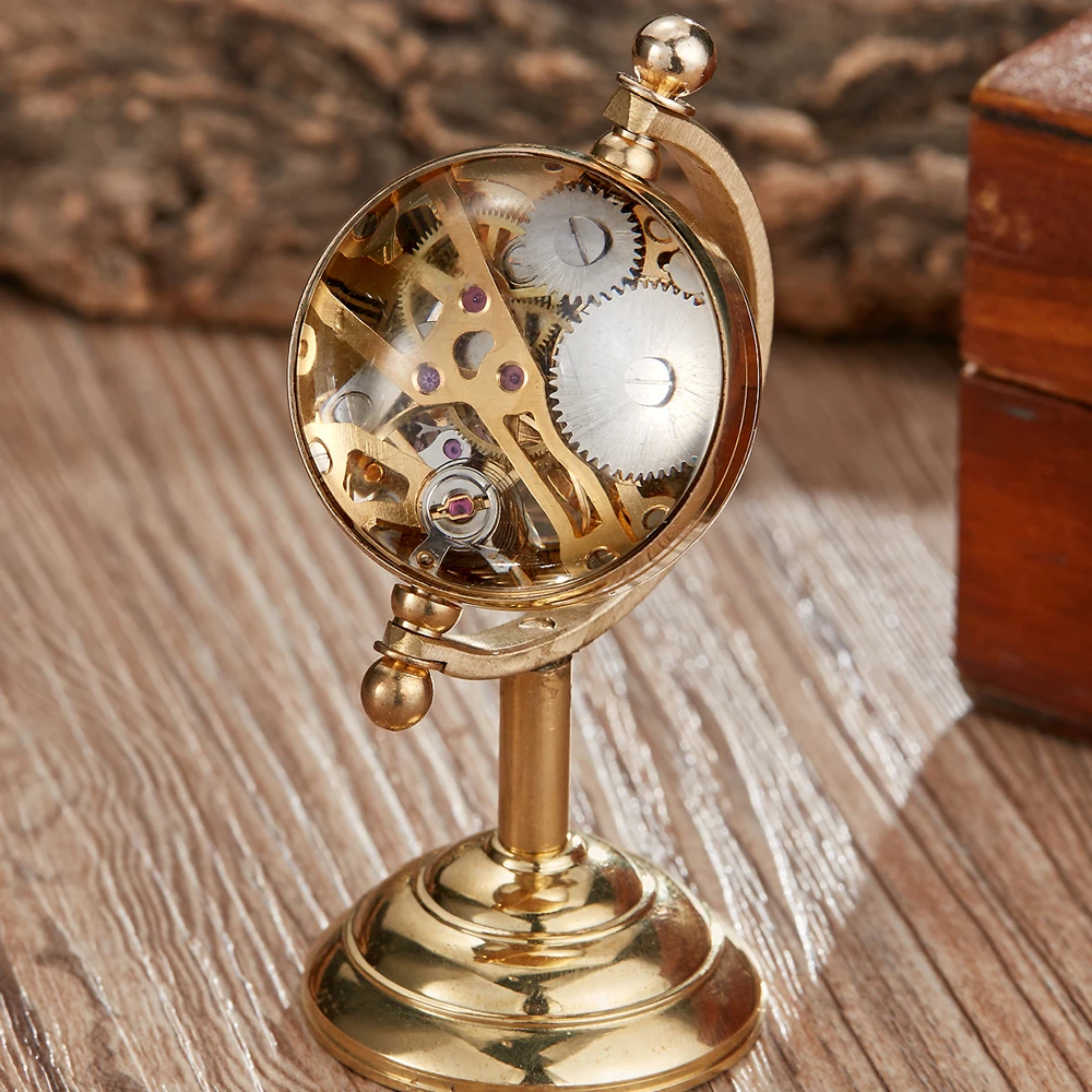 New Arrival Globe Mechanical Pocket Watch Gold Creative Men's Desk Clock Unique Transparent Copper Desk Clock reloj hombre Gifts