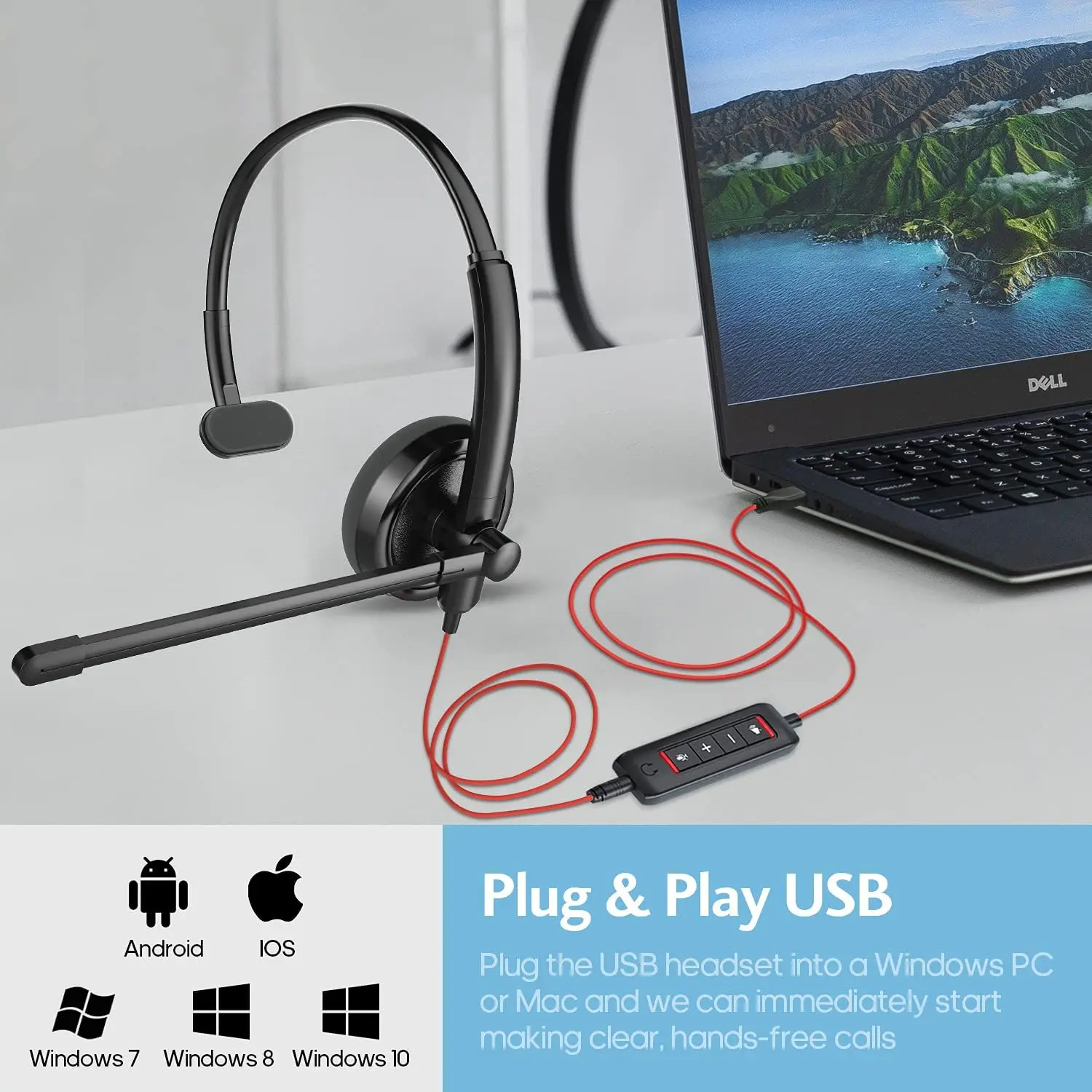 HROEENOI 프리미엄 USB 콜 센터 유선 헤드셋(소음 제거 마이크 포함), PC, 노트북, 줌 통화, Skype 회의에 이상적