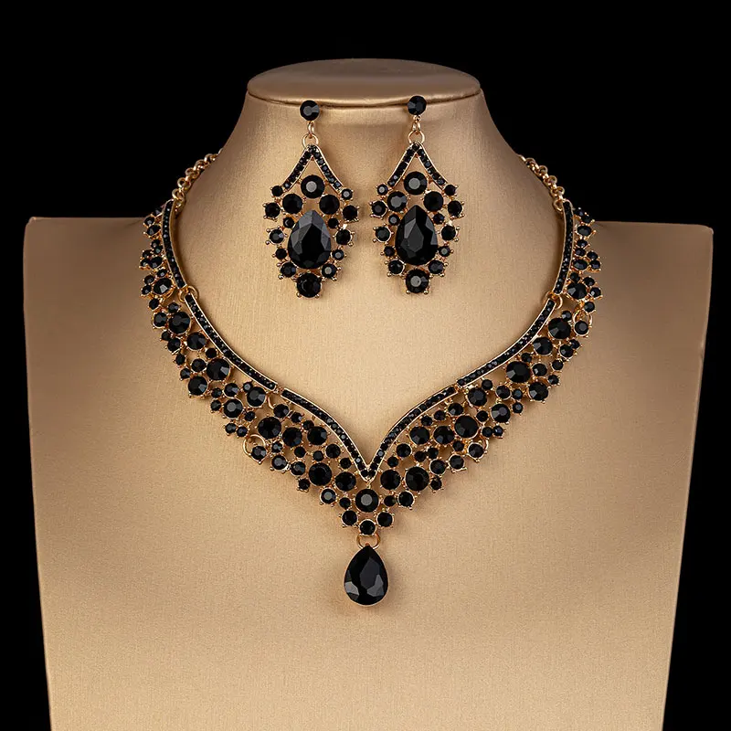 Luxury Crystal AB Color Choker Necklace Earrings Set Rhinestone Bridal Jewelry Sets For Bride Wedding Party Costume Bijoux Femme bridal jewelry sets