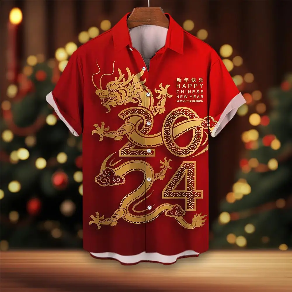 

2024 Casual Men's Shirts New Year 3d Print Hawaiian Shirt Man Daily Casual Shirt For Men Fashion Part Show Men's Clothing