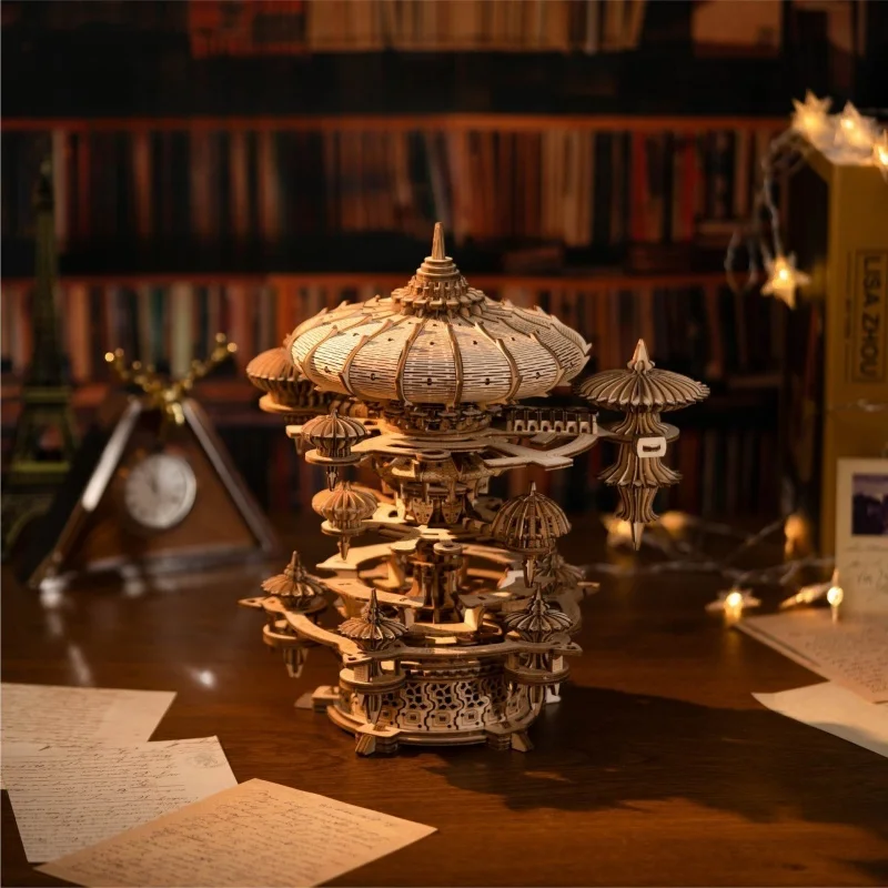 Sky City Wooden Music Box Machinery Pistol Diy Manual Building Block Rotatable Model Delicate High Quality Texture Fine Gift