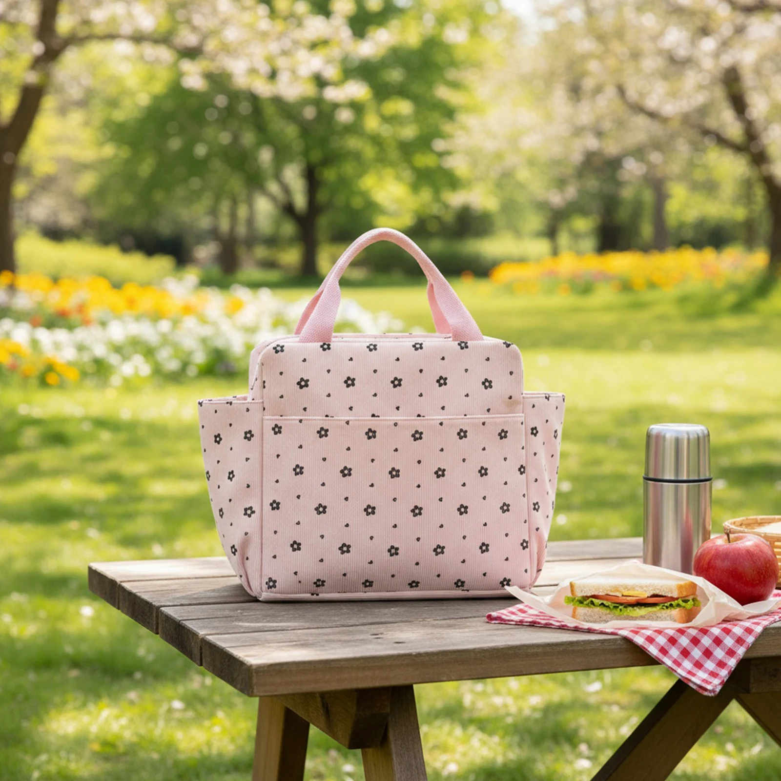 Corduroy Thermal Insulation Lunch Bag Large Capacity Lunch Tote Bag Portable Handbags for Work Picnic Travel Office