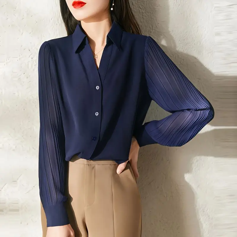 

Spring Autumn New Solid Color Fashion V-neck Shirt Women High Street Casual Loose Lantern Sleeve Button Cardigan Elegant Tops