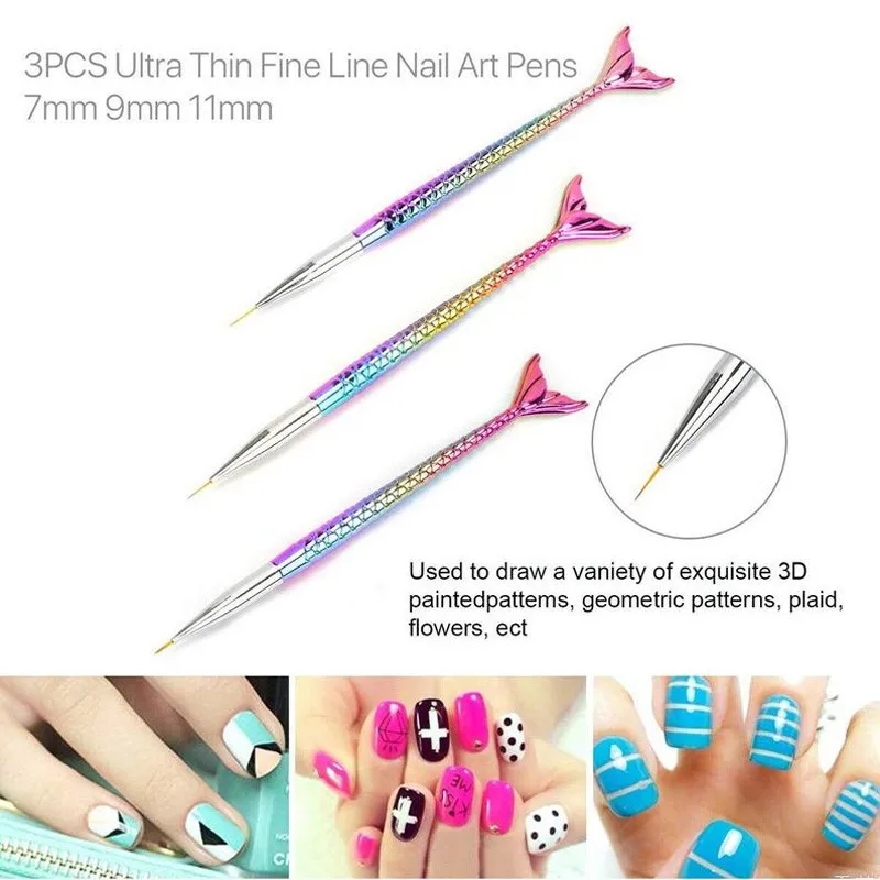 

3Pcs/Lot Nail Art Brush Painting Pen Liner Drawing/ UV Gel Dust Clean Pen Nail Art Tools Mermaid Tiny Sharp Mini Nail Brush Pen