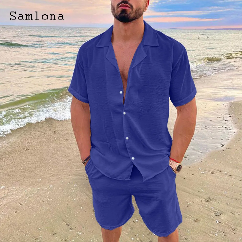 Plus Size Mens Casual Linen Two Piece Sets 2024 Europe Style Vintage Tops Blouse and White Shorts Suit Male Beach Tracksuits Set 5