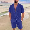Plus Size Mens Casual Linen Two Piece Sets 2024 Europe Style Vintage Tops Blouse and White Shorts Suit Male Beach Tracksuits Set 5