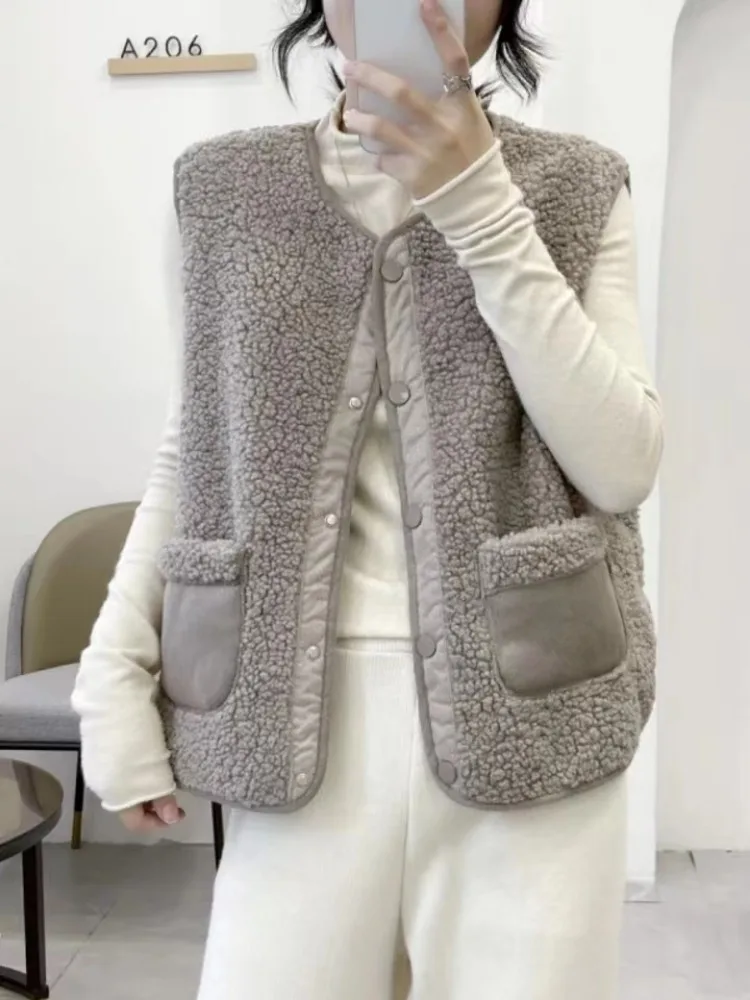 Lamb Wool Vests Autumn Winter Sleeveless Jacket Fleece Korean Women Clothing Warm Waistcoat Single-breasted Pocket Solid Coat