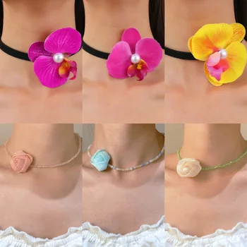 Summer Fashion Phalaenopsis Flower Necklace For Women Jewelry 2025 Trending New Women's Hawaiian Dopamine Color Flower Necklace