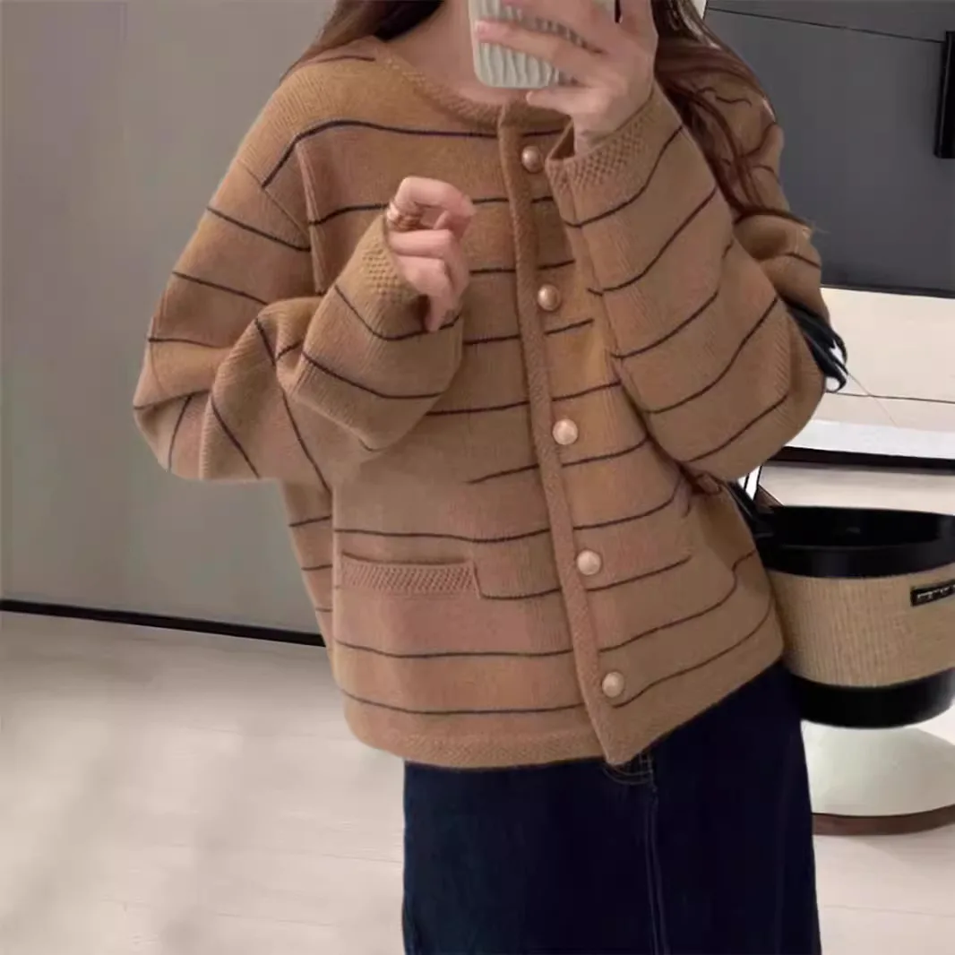 Women Striped Knitted Sweater Autumn Spring Vintage Cardigan