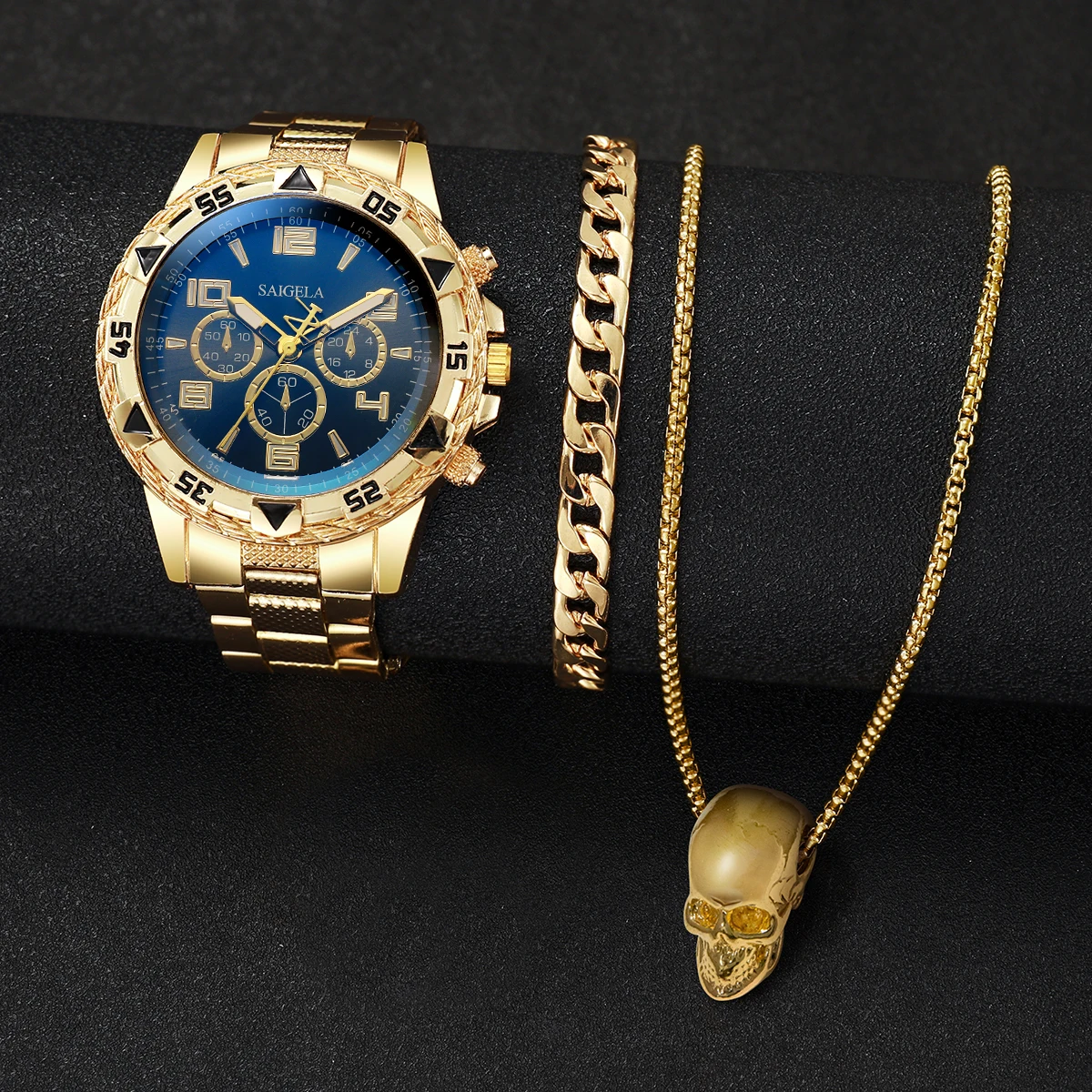 3pcs/set Fashion Men's Watch Set Handsome Hip Hop Style Business Men's Quartz Watch with Bracelet Skull Necklace Set No Box