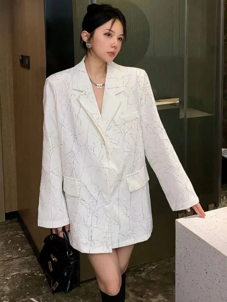 

UNXX Spring Autumn Chic Jacquard Blazer Woman Fashion Turn Down Collar Long Sleeves Jackets Pockets Oversize Female Casual Coats