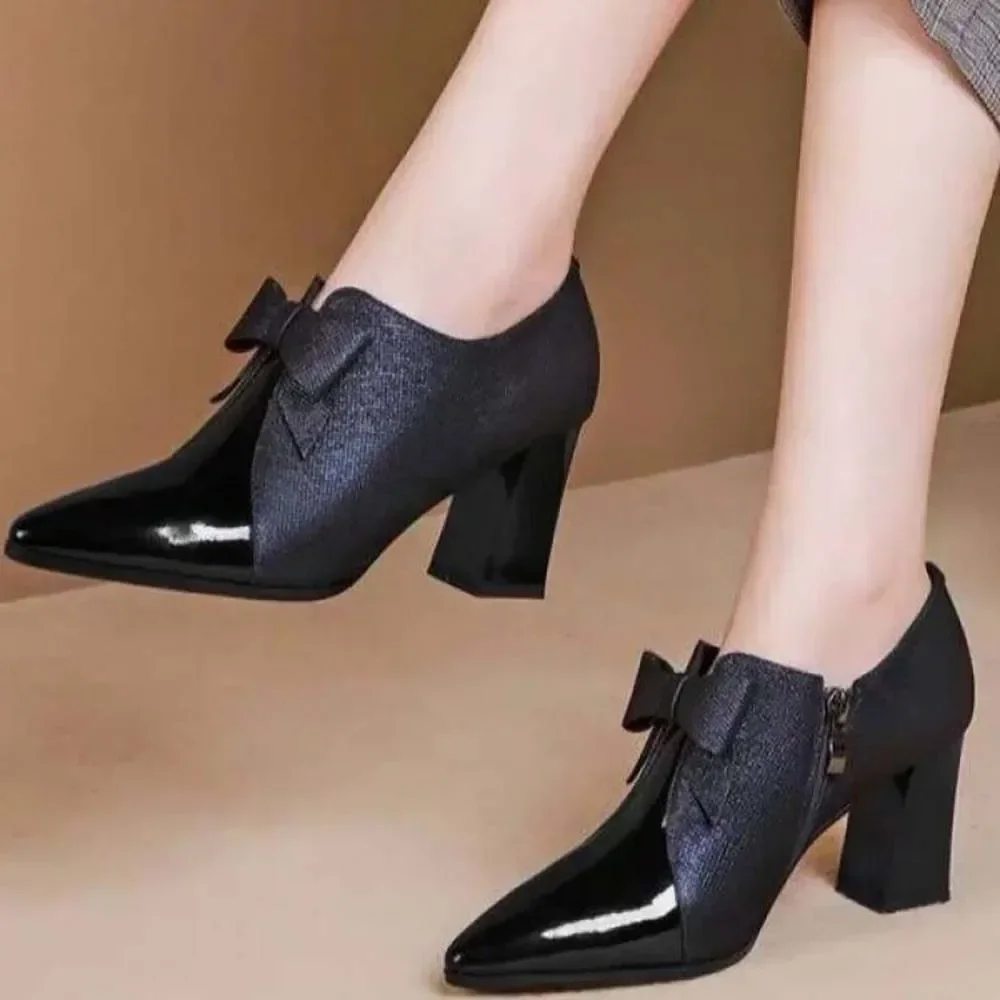 Women Shoes High Heel  New Fashion Bowknot Square Heel Pumps Women Retro Large Size Pointed Shoes for Women Zapatos De Mujer 3