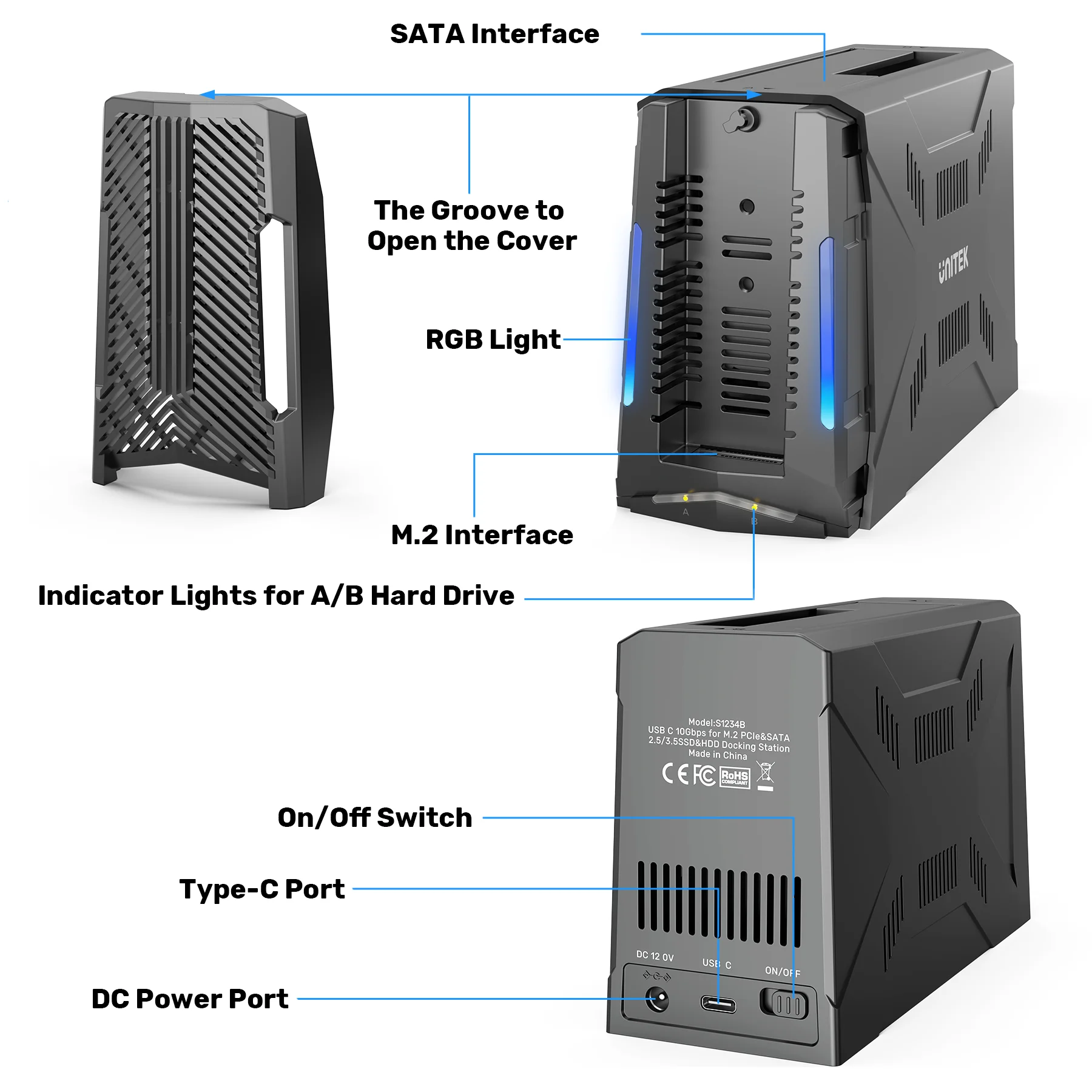 SSD Docking Station Unitek M.2 USB C 10Gbps to M2 NVMe SATA Adapter for 2.5" 3.5" SSD HDD Enclosure