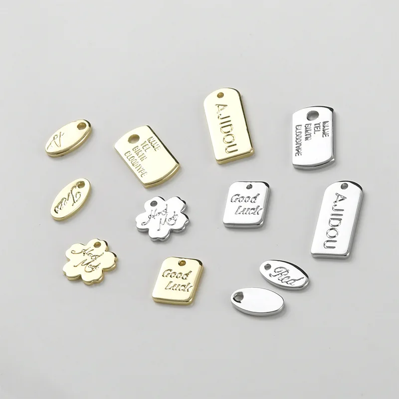 구리 도금 14k 골드 색상 영문자 꽃 모양 작은 태그 원형 타원형 펜던트 테일 체인 펜던트 DIY 쥬얼리 액세서리