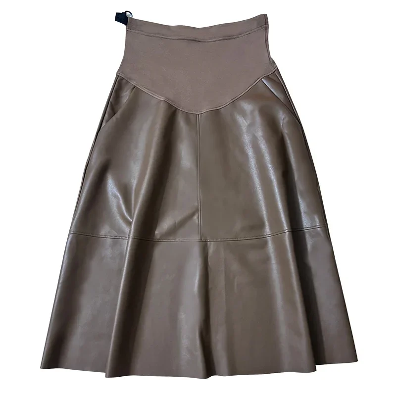 Autumn Pregnant Woman Pu Leather Skirts with Pockets Loose Maternity A-line Umbrella Skirt Pregnancy Belly Skirt Length 82cm