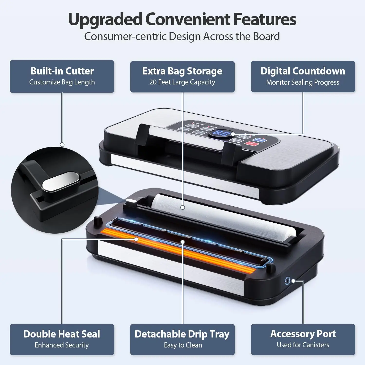 Description Picture 5 of itemBeelicious Pro 95Kpa Precision 10-in-1 Vacuum Food Sealer, Easy-Lock Handle, Double Heat Seal & Double Pump, with Bags Storage