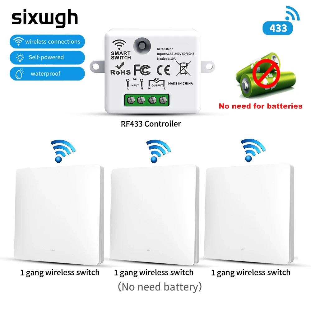 SIXWGH 433MHz สมาร์ทไร้สายสวิทช์ 10A/AC100-240V กันน้ํา/ไม่มีสายไฟติดตั้งสมาร์ทรีโมทคอนโทรลบ้าน 1