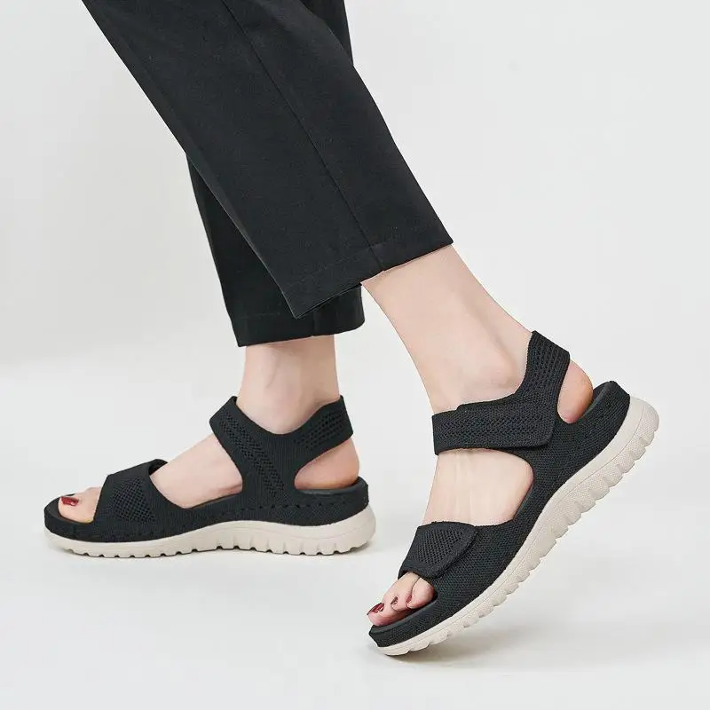 2026 Sommer-Schuhe für Damen: Flache Sandalen im Bohème-Stil, Moderne Mesh-Sandalen für den Urlaub, Schwarz, Übergröße 42 D362 – Detail 4