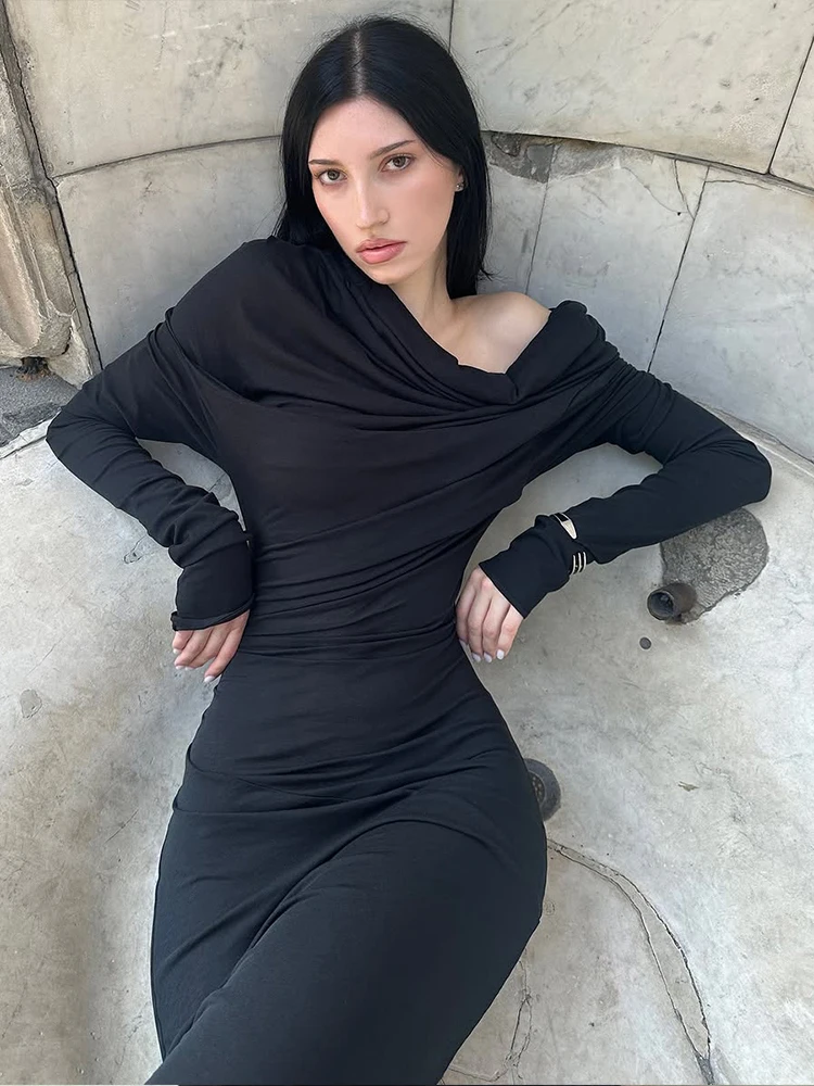 Nibber Ruched Maxi Dress Women Slash Neck Full Sleeve Skinny Stretch Solid Classic Simple High Street Elegant Banquet Vestidos