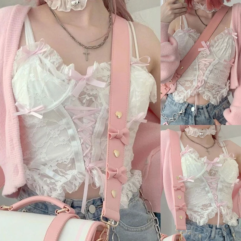 

Women Ruffled Crop Top Sweet Bow See-Through Floral Lace Camisole for Cross Bandage Corset Dropship