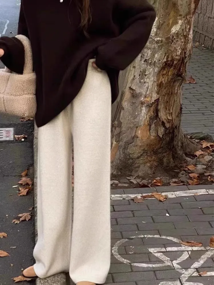 Soft waxy 100% cashmere wide-leg pants women's drooping feeling lazy wind knitted straight pants padded outer pants in autumn an 3