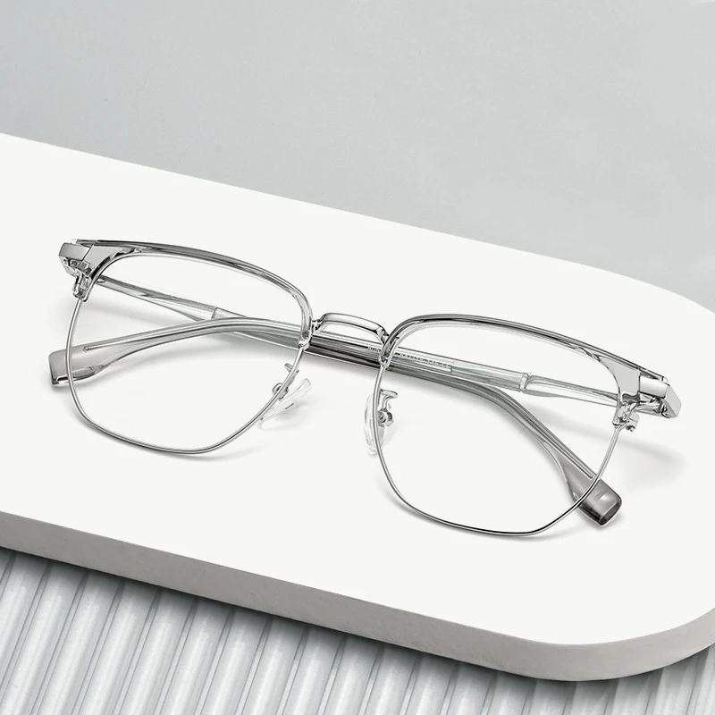 80523 Korean Style High Quality Eyebrow Frame Square Metal Translucent Gray Eyeglass Frame Optical Prescription Anti Blue Light