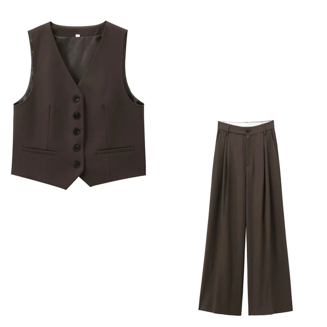 2025 Spring and Autumn New Two Piece Set Wide Leg Pant Suit Work Office Vest Top+Double Fold Pants Women's Fashion Set 3