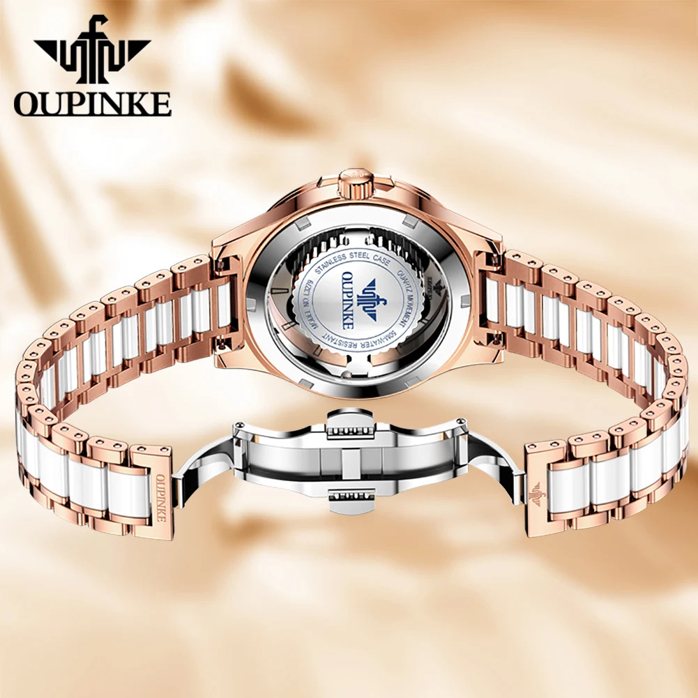 OUPINKE 3279 Women Watch Four Leaf Clover Transparent Dial Ceramic Strip 50m Waterproof Sapphire Mirror Fashion Quartz Watch 2