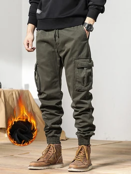 2024 New Winter Cargo Pants Men Multi-Pockets Drawstring Fleece Liner Thick Warm Overalls Joggers Casual Cotton Thermal Trousers