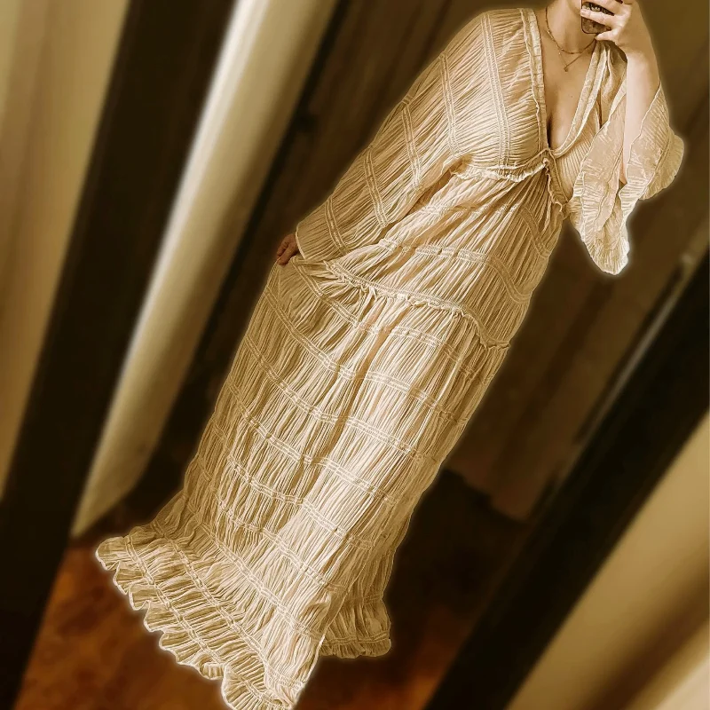 Ruffle Pleated Maternity Dress Boho Photoshoot Gown Beige Long Sleeve Baby Shower Dress Pregnancy Maternity Clothes