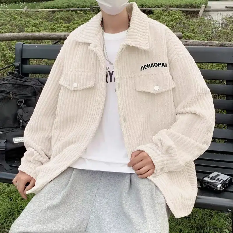 Corduroy Cargo Men Pit Strip Jackets Spring Fleece Warm Autumn Coat Popular Vintage Outerwear Male Trend Chic Y2K Ins Kpop Tops