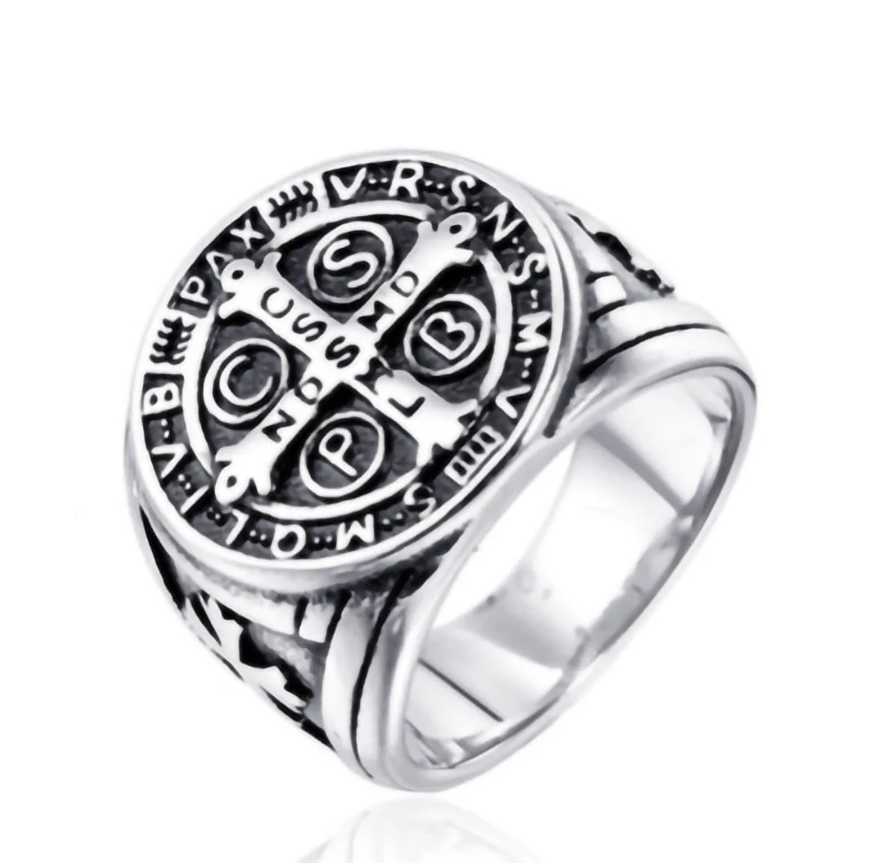 Religious Saint Benedict Cross Ring Antique Silver Plated Metal Catholic Exorcism Church Men Jewelry Gift Wholesale