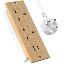 UK Plug Recessed Socket with USB - C Fast Charging and 2m Extension Cable - Enhanced Safety Features - Wood grain color