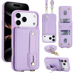 Elegant Crossbody Leather Phone Case with Card Holder and Lanyard Flip Stand Cover - iPhone 13 Pro Max (Purple)