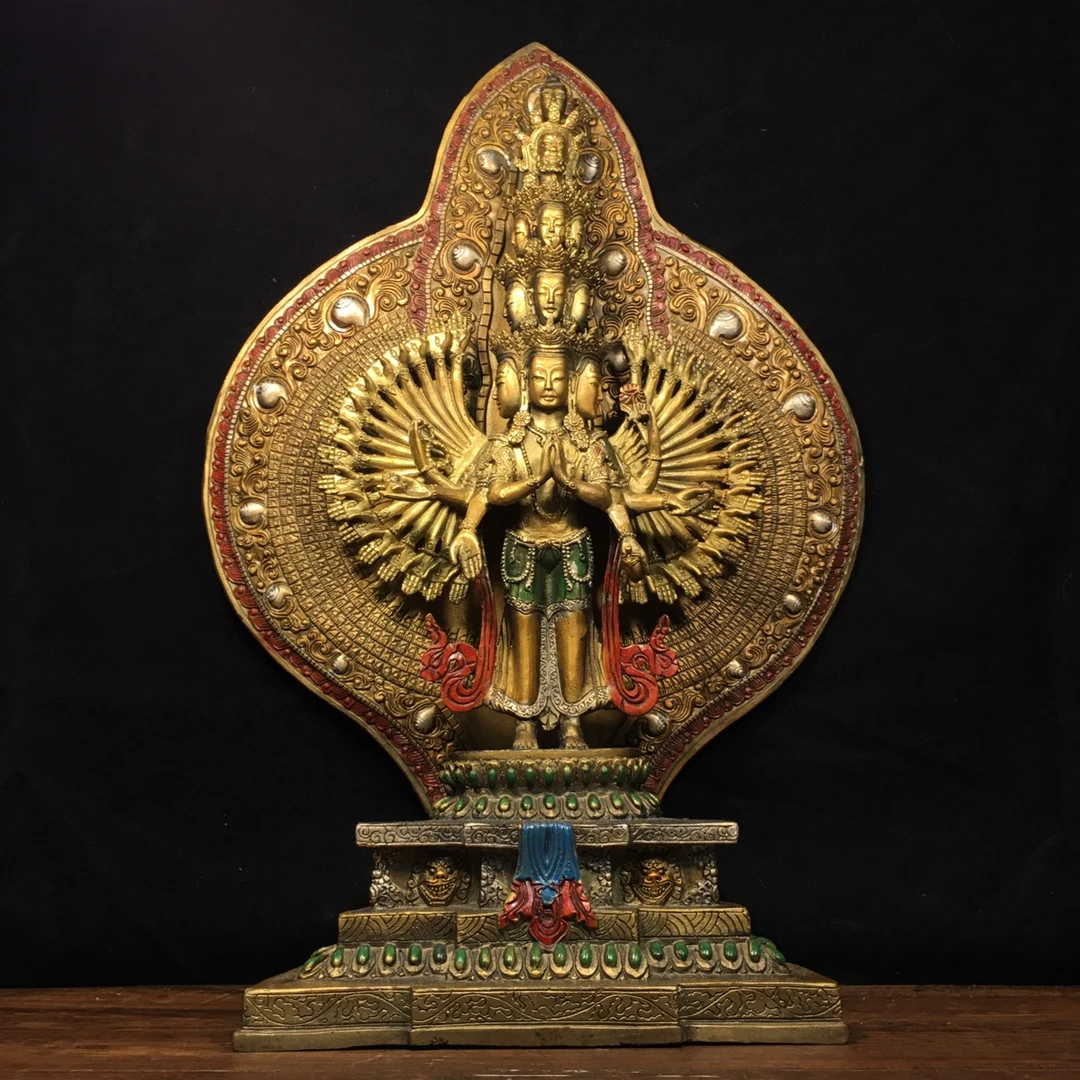 

18"Tibetan Temple Collection Old Bronze Painted 1000 Arm Guanyin Thousand-headed Avalokitesvara Buddha Terrace worship buddha