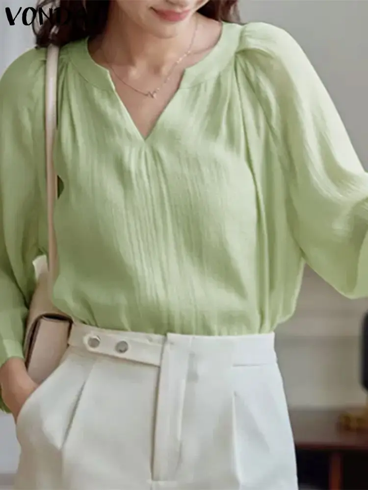 

VONDA 2023 Fashion Women Elegant Blouse Solid Color Casual Shirts Tops Sexy V-neck 3/4 Sleeve Loose Blusas Femininas Oversized