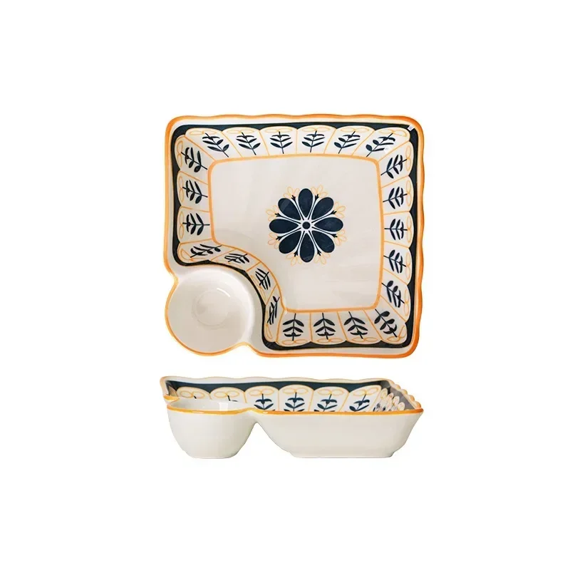 Dumpling Plate with Vinegar Dish Household Ceramic Plate Breakfast Compartment High-Grade Dumpling