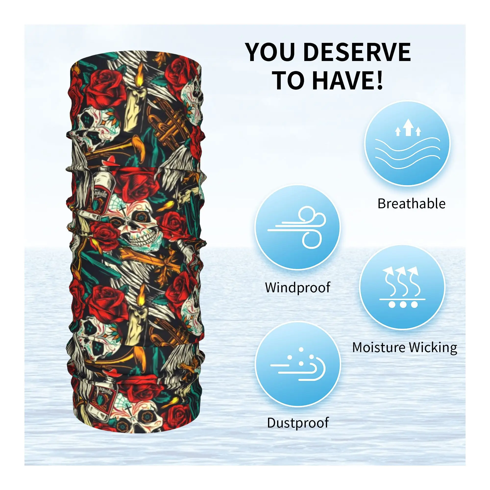 Mexican Sugar Skull Art Neck Gaiter Women Men UV Protection Winter Bandana Scarf for Hiking