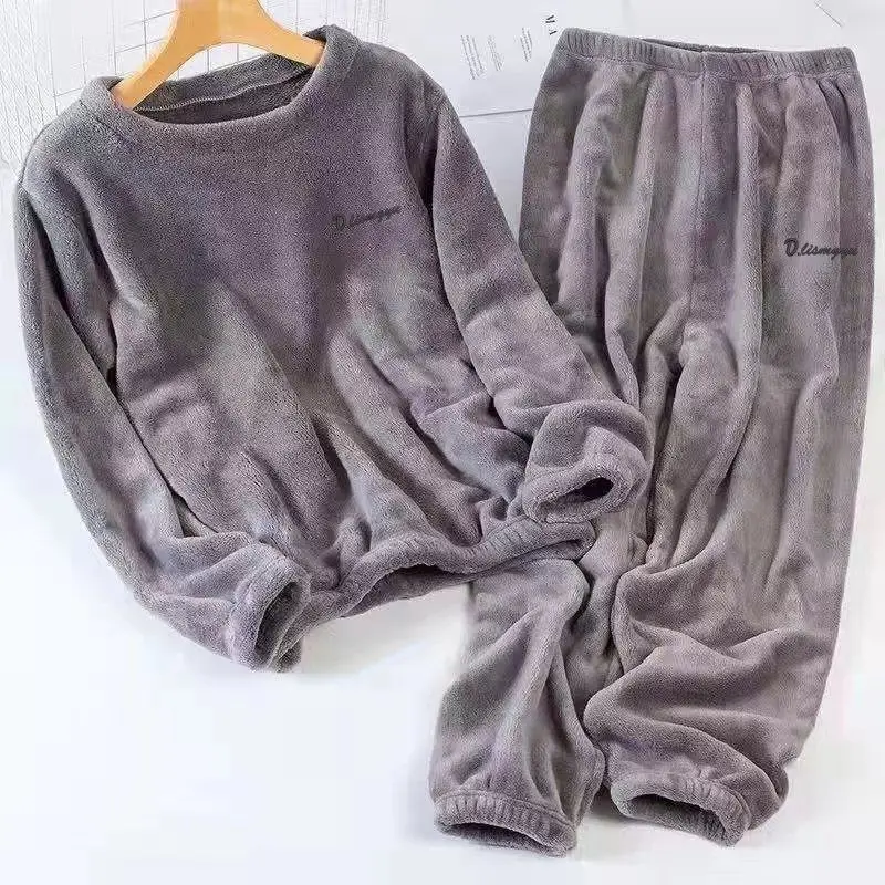 Letter Women Pajamas Set for Women 2 Pieces Fleece Sleepwear Korean Style Suit Fashion Winter Piiama O-neck Night Wears Pyjamas