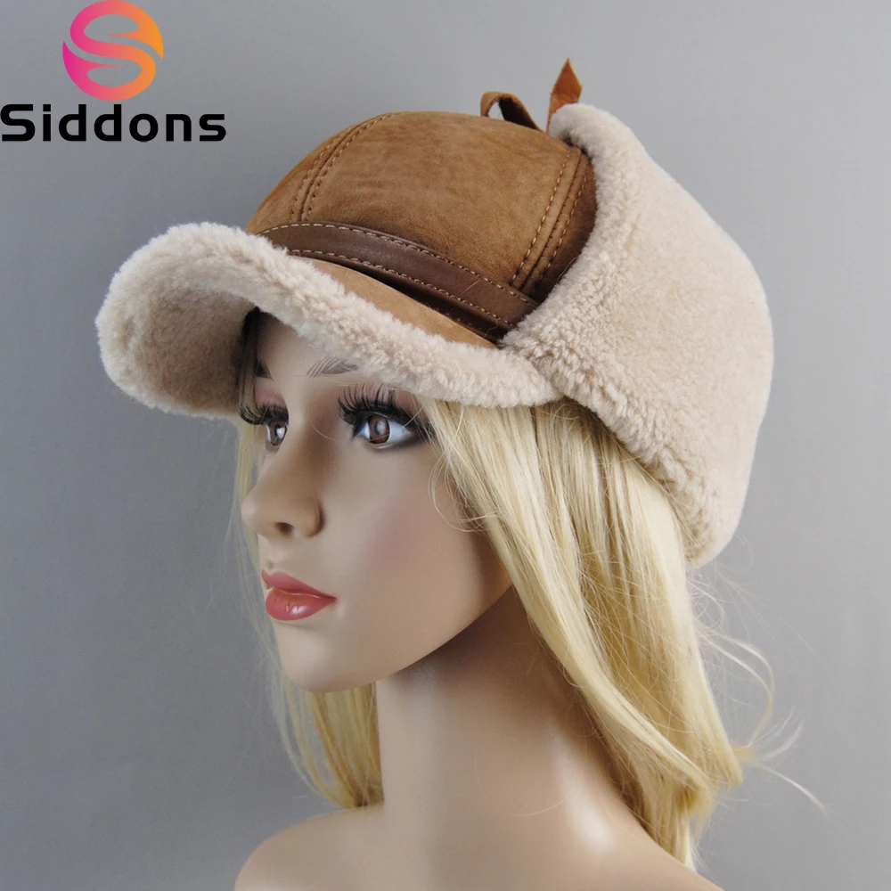 Real Fur Wool Hat base-ball cap Unisex Winter Warm Bomber Russian Ushanka Hats With Ear Flaps Cow Leather Thick Snow Earflaps Baseball Cap
