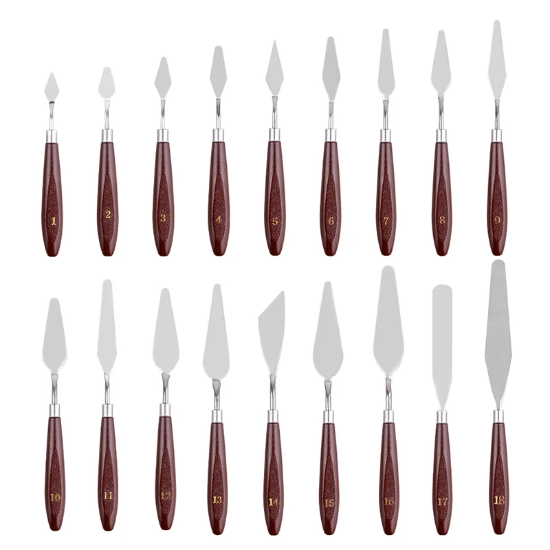 18pcs 스테인레스 스틸 유화 칼 아티스트 공예 스패출라 팔레트 믹싱 나이프 스크레이퍼 아트 아크릴 구아슈 드로잉 도구