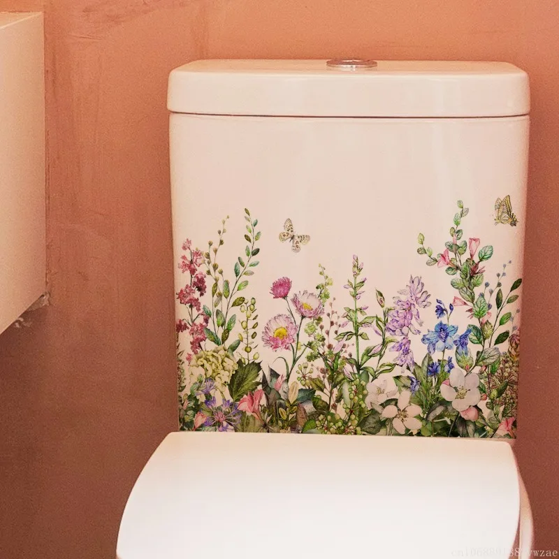 Green Plant Leaves Flowers Toilet Stickers Self-Adhesive Toilet Lid Stickers Bathroom Wall Sticker Cover Decor Decal