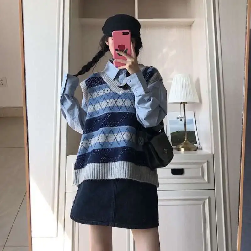 

Preppy Style Sweater Vest Patchwork V-Neck Pullovers Oversized Women Winter Loose Sweaters for Women Fashion Harajuku Sweater