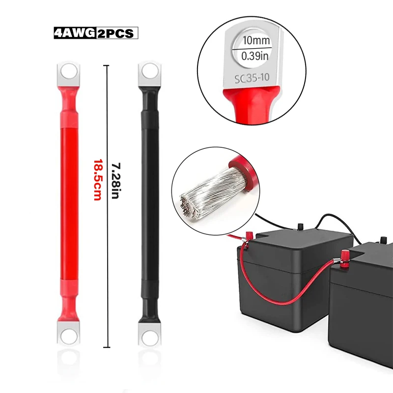 Heavy-Duty Copper Battery Cables with Screw Terminals - 18.5cm/7.3in Length
