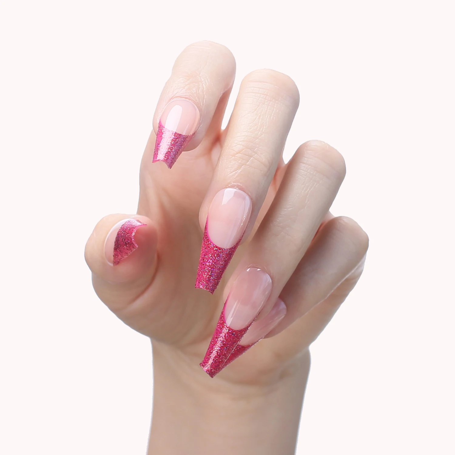 Glitter Lucido Rosa Bara Francese Unghie Finte Gel Balletto Lungo Extra Unghie Finte Punta Unghie Artificiali Nude Di Alta Qualità