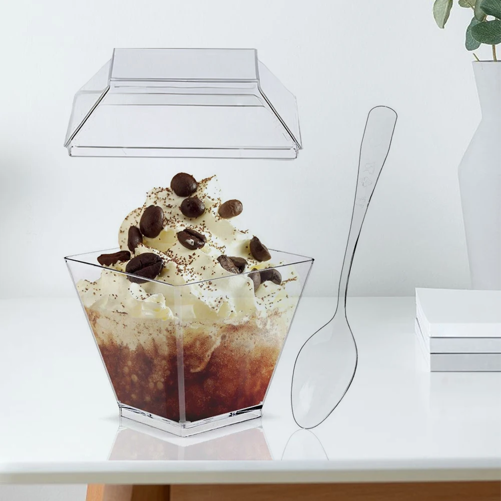 50/100 Pack Plastic Dessert Cups Square Clear Yogurt Parfait Cups Parfait Cups for Fruit Pudding Mousse Ice Cream Party Wedding