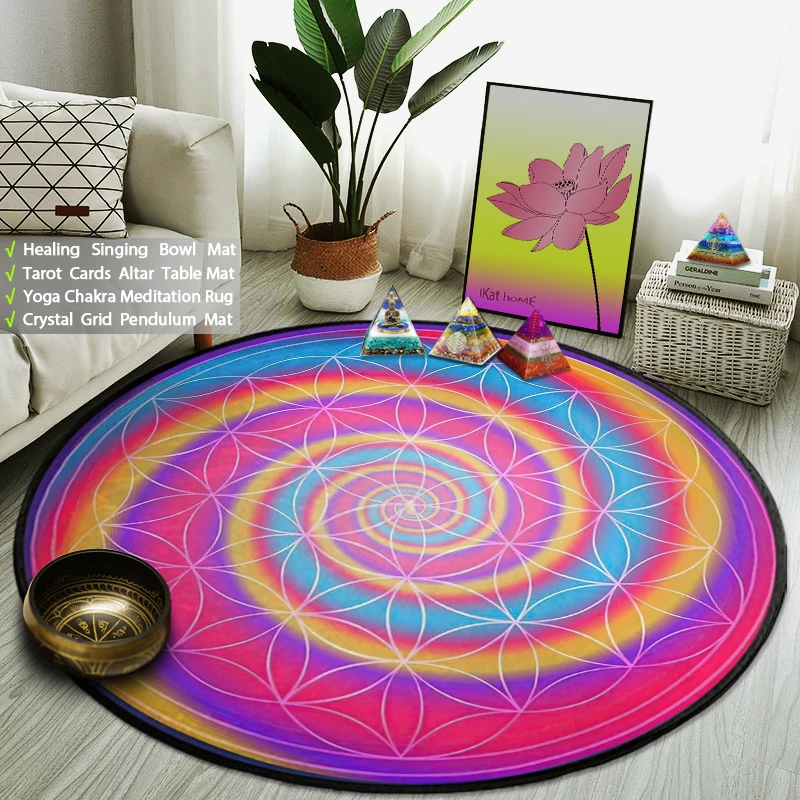

Rainbow Mandala Flower of Life Yoga Meditation Mat Round Rug Thick Anti-Slip Living Room Bedroom Carpet Witchcraft Astrology Pad