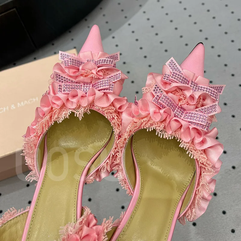 New Designer Women High Heels 9.5cm Fine Heel Luxury Lace Petal Strap Crystal Pointed Toe Ladies Shoes Ankle Strap Dress Shoes