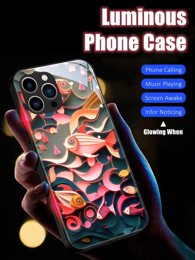 

Colorful Origami Fish LED Light Glowing Luminous Tempered Glass Phone Case for iPhone 11 12 13 14 15 X Xs Xr Mini Pro Max Plus